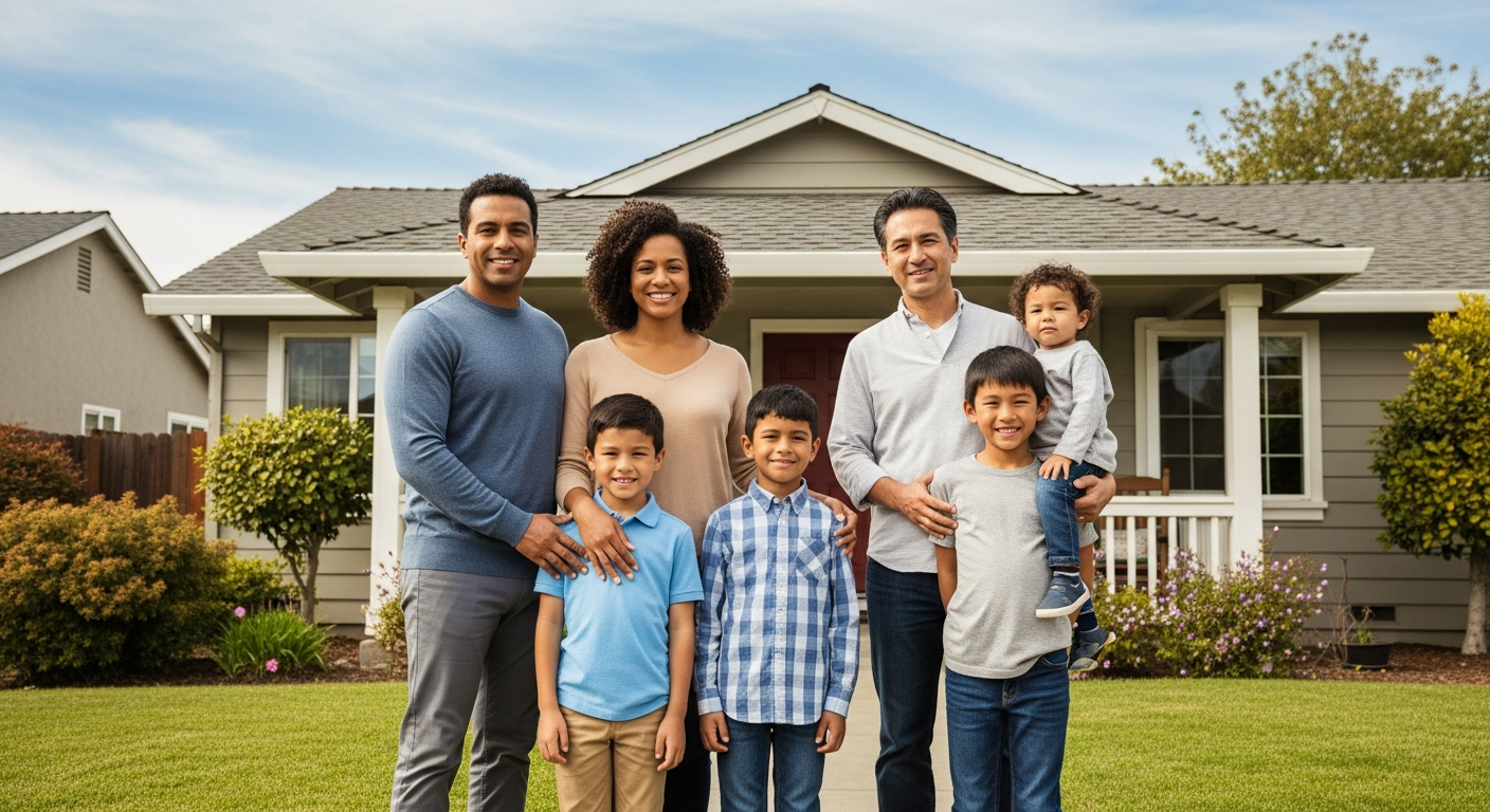 Happy family in front of their safe, healthy home
