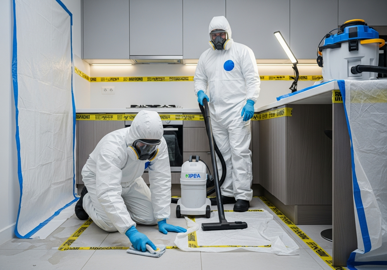 Restoration workers in full PPE for biohazard cleanup